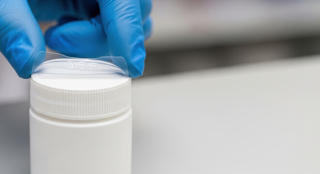 Tamper seal medicine bottle laboratory gloved hand pharmaceutical packaging pill container safety seal sterile handling fda drug approvals