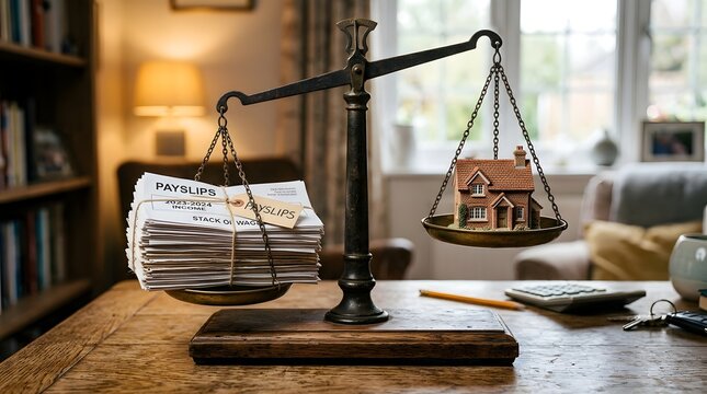Legal justice and financial law concept with scales balancing contract documents and house model in office