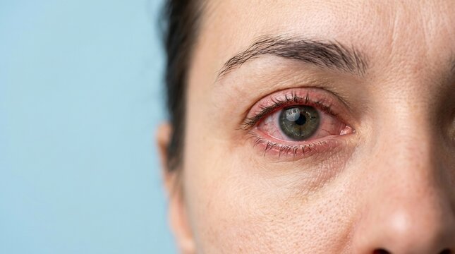 Extreme close-up of a red irritated human eye showing bloodshot sclera and inflammation on a light blue background