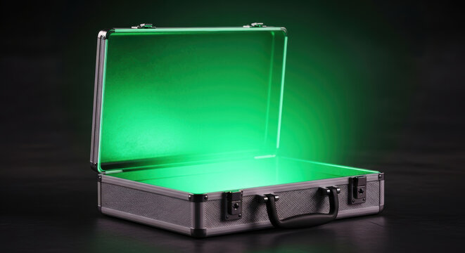 Open metal briefcase glowing green light with interest rates forecast concept for financial growth and opportunity