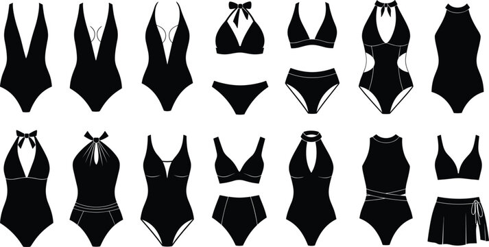 Swimsuit silhouette collection, one‑piece and bikini designs, halter neck, plunging neckline, cutout styles, fashion swimwear icons, summer beachwear, flat vector illustration