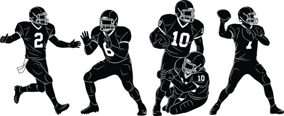 American football player vector illustration set with helmet, shoulder pads, running, defensive stance, throwing ball, crouching pose and dynamic sports motifs -flat vector illustration © TOMSINA