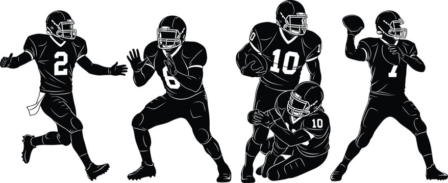 American football player vector illustration set with helmet, shoulder pads, running, defensive stance, throwing ball, crouching pose and dynamic sports motifs -flat vector illustration