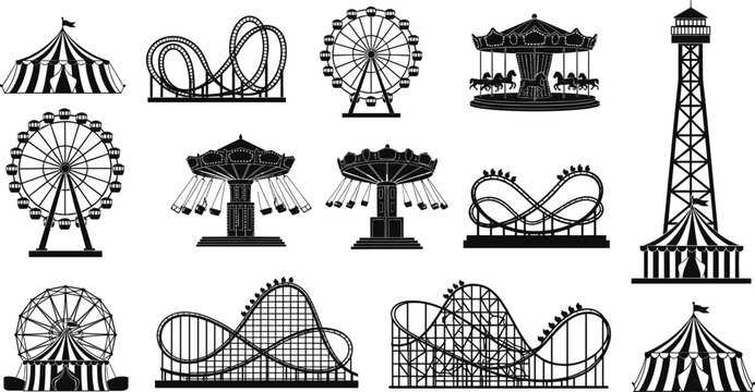 Amusement park vector illustration set with roller coasters, Ferris wheels, carousel horses, swing rides, circus tents, observation tower and entertainment motifs -flat vector illustration