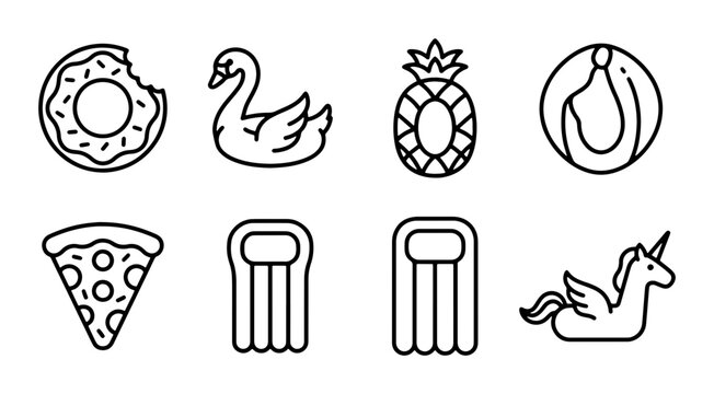 Summer Fun Icons: Donut, Swan, Pineapple, Pizza, Pool Float, Unicorn Vector Set