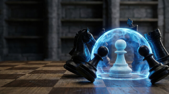 White pawn protected by glowing energy dome online scam prevention inspires strategic defense on wooden chessboard