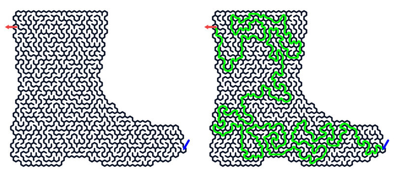 Logic game with labyrints,Maze game,Maze Puzzle foor kids,Labyrinth With Entry And Exit,Maze For Activiity Book,Puzzle Labyrinth,Maze with solu Boot pattern with outlined design and green highlights  