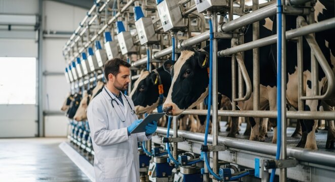 Veterinarian Conducting Health Examination of Dairy Cows on a Modern Farm