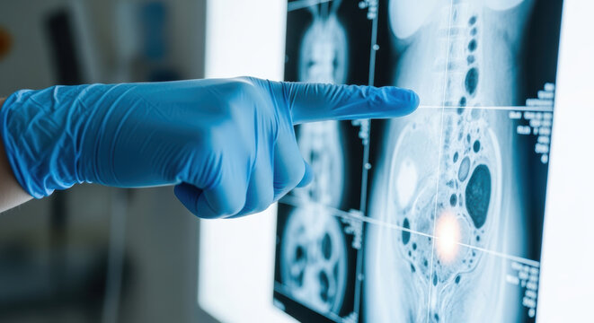 Gloved hand is treating kidney disease by pointing at highlighted area on medical scan showing internal organs and kidney structure