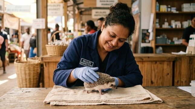 Wildlife inspection officer examines a small hedgehog on towel for zoonoses day awareness, market rescue clinic scene showing careful handling, protective gloves, and public health monitoring