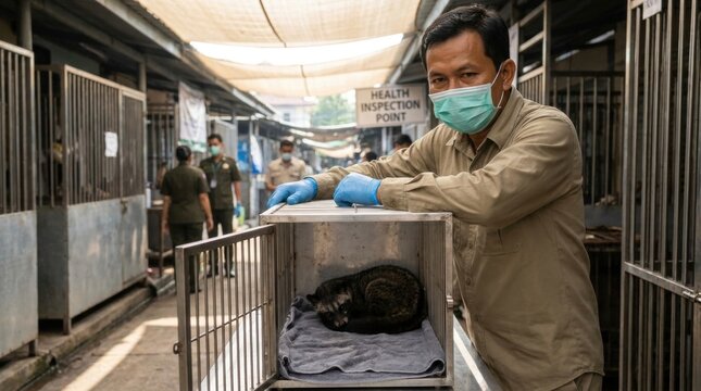Masked wildlife health inspector stands beside caged civet during zoonoses day quarantine check, outdoor animal facility scene about biosecurity, disease surveillance, and safe handling practice