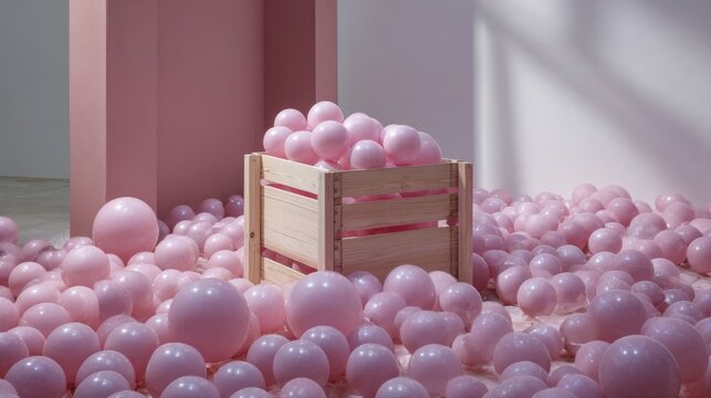 Pink ball pit with wooden crate in pastel room