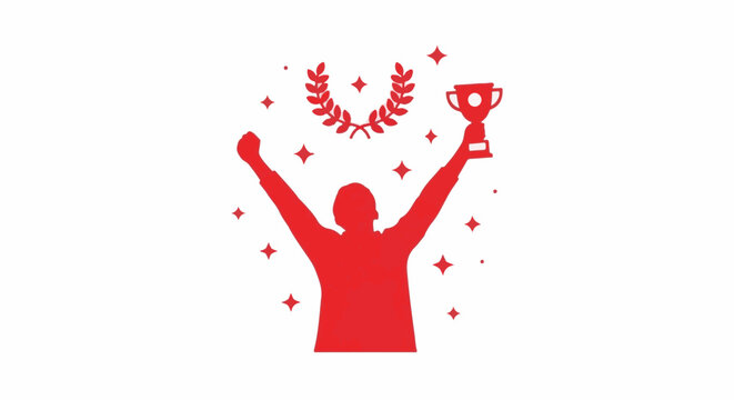 Red silhouette of triumphant person holding trophy, with laurel and stars