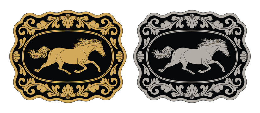 Horse label belt buckle featuring wild western rodeo ranch cowboy style in gold and silver vector design