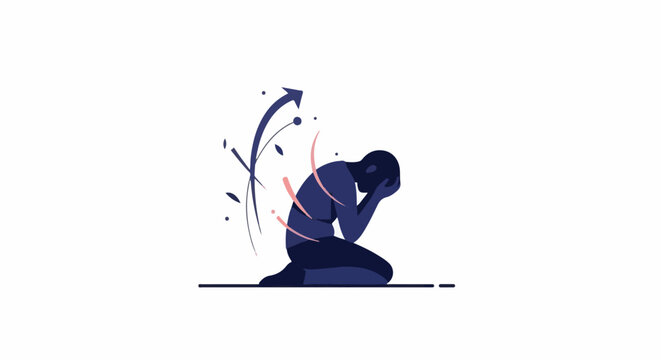 Kneeling figure burdened by struggle, with upward-reaching abstract elements