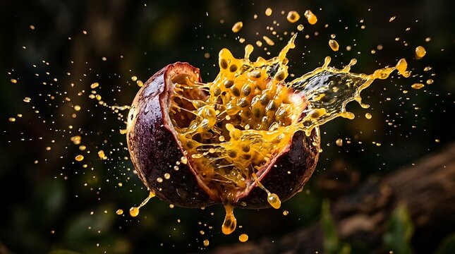 Buah markisa meledak memancarkan cairan jus dan biji keemasan di udara yang melambangkan ledakan energi dan kesegaran tropis maksimal