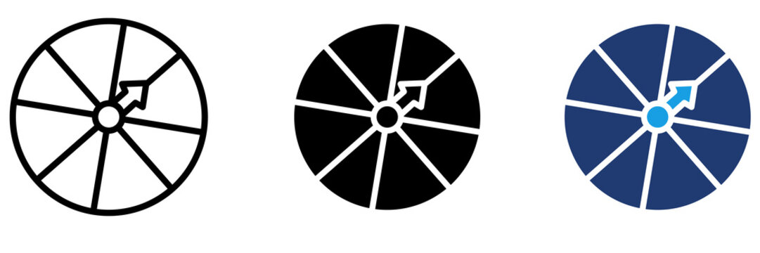 Board Game Spinner Stroke Icon Set. Containing wheel of fortune, arrow pointers, game selectors, and tabletop asset elements.