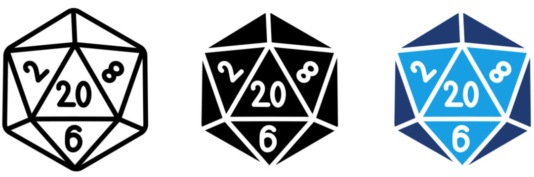 D20 Dice Stroke Icon Set. Containing 20-sided dice, tabletop gaming, RPG, and board game assets.