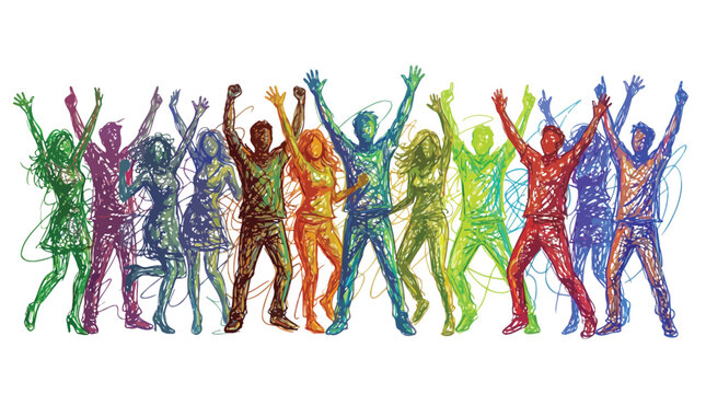 Vibrant group of happy people dancing together with arms raised high in a colorful scribbled line art vector illustration style that celebrates unity joy and diversity on a white background.