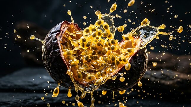 Ledakan dramatis buah markisa dengan percikan jus emas dan biji melayang yang melambangkan vitalitas hidup dan kesegaran minuman organik