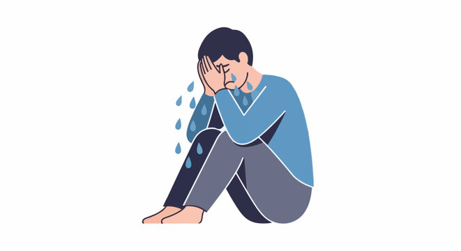 A despondent individual sits with head bowed, tears streaming, conveying sorrow