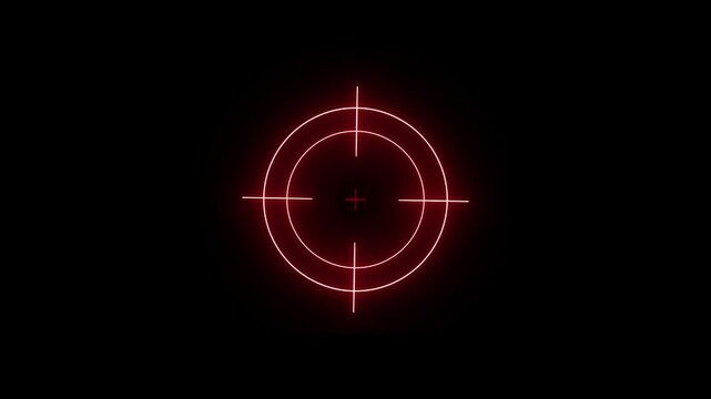 Glowing neon crosshair target animation on black background. Futuristic aiming reticle with sleek tactical design.