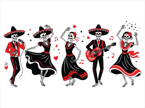 D a de los muertos mariachi skeleton dancers and musicians