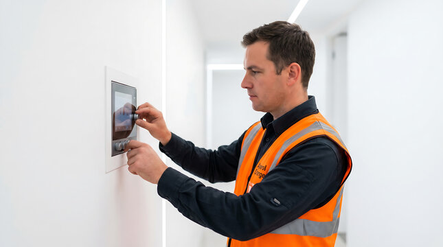 Male technician in safety vest adjusts control panel on wall inside modern building corridor with bright lighting and minimalistic design elements