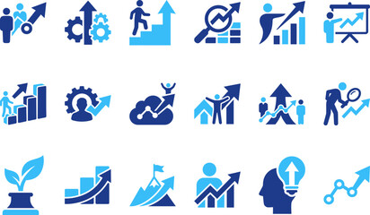 Fototapeta premium Set of blue business icons depicting growth progress and strategy with graphs people and charts.