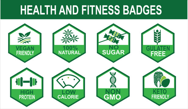 Health Fitness Badges Pack | Vegan Keto Gluten Free Non GMO Low Calorie High Protein No Sugar Icons Set | Organic Food Packaging Label Vector Graphics