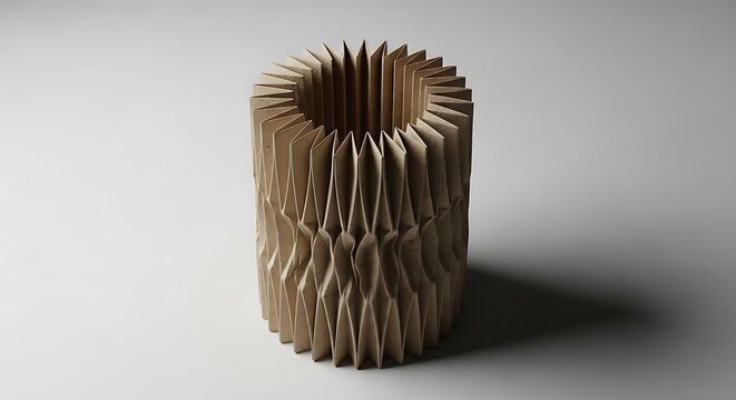 Cylindrical pleated paper structure with sharp geometric folds and soft shadows. folded paper tube