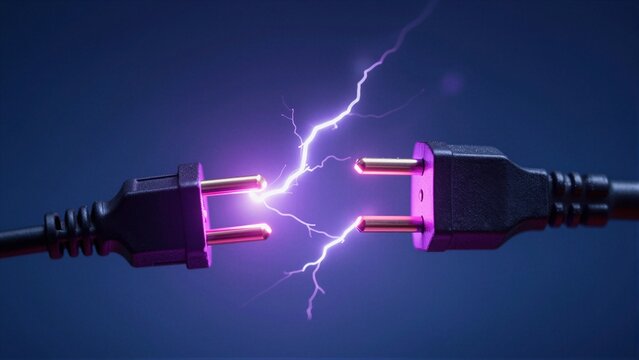 Two black electrical plugs connecting with vibrant purple and white sparks against a dark blue background.