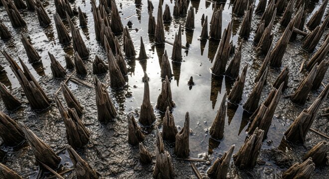 Pointed Old Wooden Stumps Protruding from Shallow Swamp Water with Sky Reflections