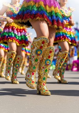 Vibrant Carnival Dancers in Ornate Gold Jeweled Boots and Colorful Rainbow Fringed Skirts at a Street Parade Celebration