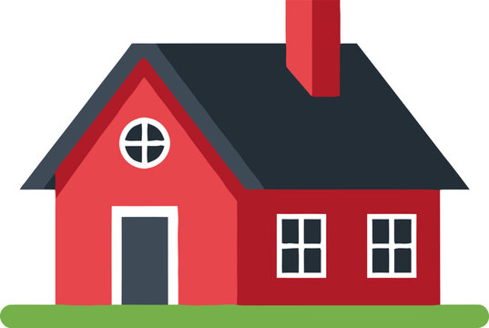 Illustration of a Red House with Black Roof and Chimney.