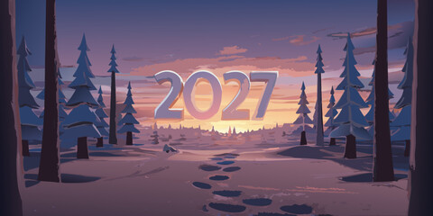 Winter forest scene with glowing year two thousand twenty seven illustration © MihirKumarMondal