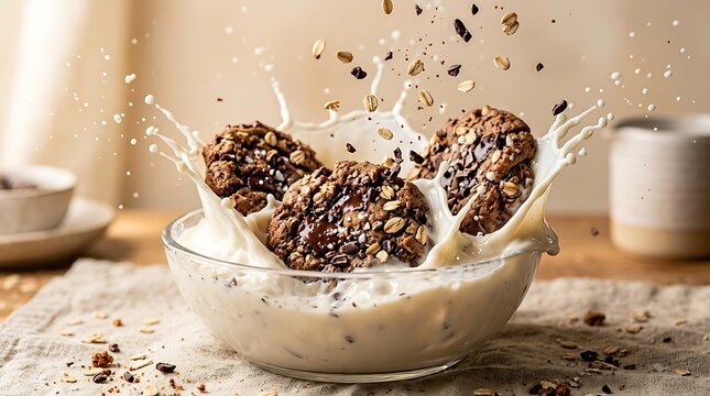 Biskuit gandum cokelat keping jatuh ke dalam mangkuk susu segar melambangkan nutrisi sarapan sehat dan kelezatan hidangan penutup