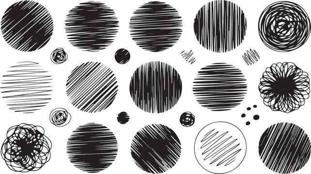 Collection of hand drawn scribble circles and shapes in black on white background