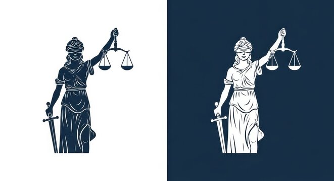 Lady Justice Vector Illustration Set with Scales and Sword for Law and Legal Concepts on White and Blue Backgrounds