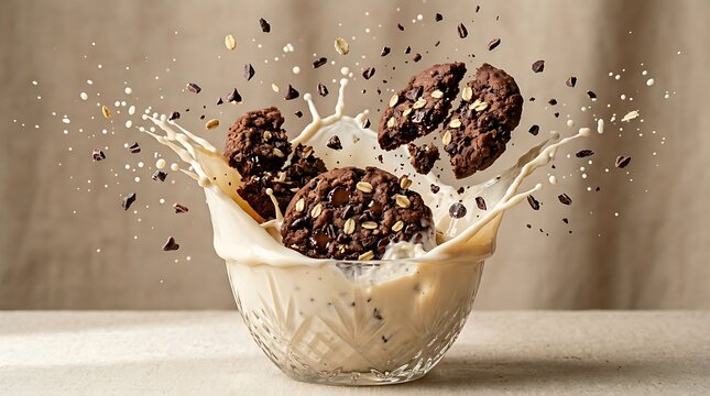 Kue cokelat keping renyah bertabrakan dengan susu menciptakan percikan dramatis melambangkan kenikmatan makanan penutup dan momen kebahagiaan