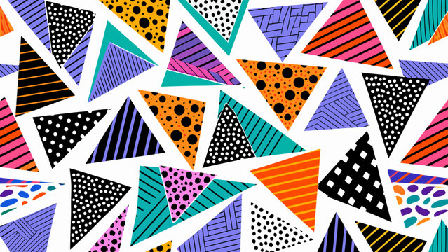 Geometric triangular pattern with polka dots and stripes vibrant vector illustration