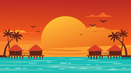 Obraz premium Tropical Landscape With Palm Trees And Huts Vector Illustration