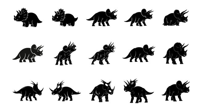 Triceratops Silhouettes On White Background Multiple Poses And Views dinosaur
