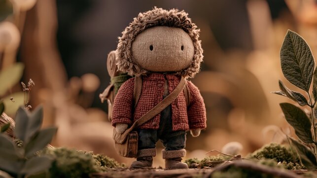 Whimsical fabric doll explores a forest floor