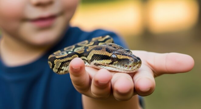 Young boy gently holds a small ball python in his open hand, showcasing the snakes intricate patterns.