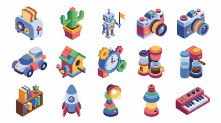 Set of colorful isometric vector icons featuring various household objects and technology gadgets. © Siswa