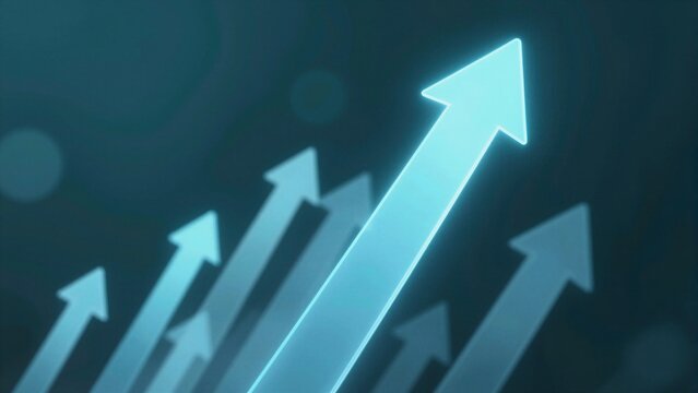 Glowing blue arrows ascend against a dark background, symbolizing growth and success in a modern, sleek design.