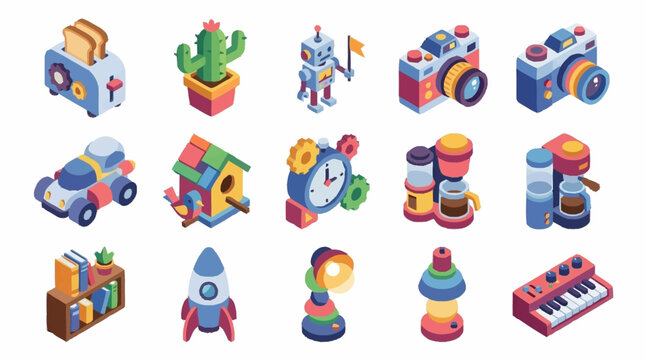 Set of colorful isometric vector icons featuring various household objects and technology gadgets.