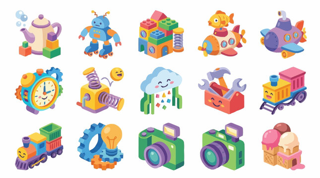 Set of colorful isometric vector icons featuring various toys and everyday objects for children.