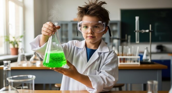 Young boy in lab coat and safety goggles holding a flask with a bright green liquid, conducting a science experiment in a classroom setting.